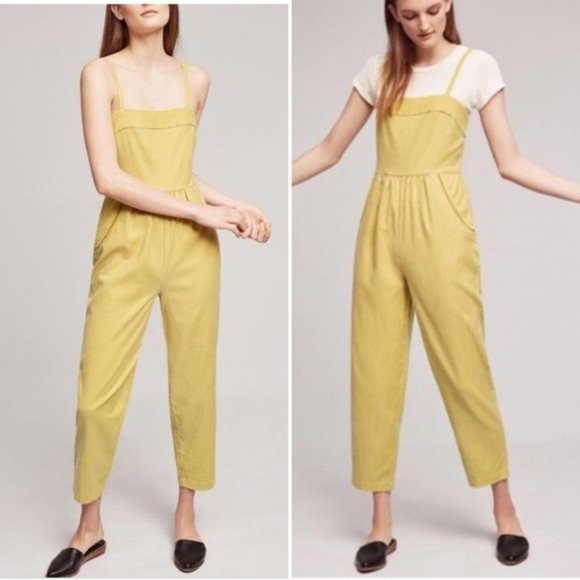 Anthropologie Pants - Anthropologie Cottagecore Postage Stamp Yellow Mustard Overall Romper Large